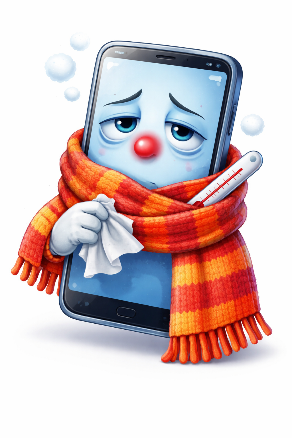 Forkølet mobil med halstørklæde, rød næse og termometer